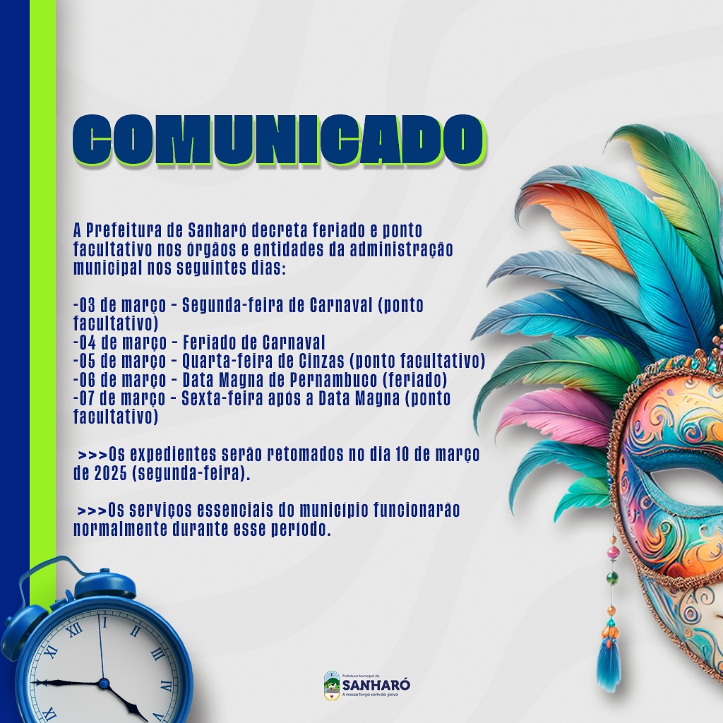 Ponto Facultativo do Carnaval 2025 – Prefeitura Municipal de Sanharó